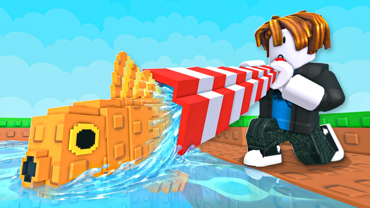 Official Lake Sipping artwork showing a character siphoning a golden fish from a lake